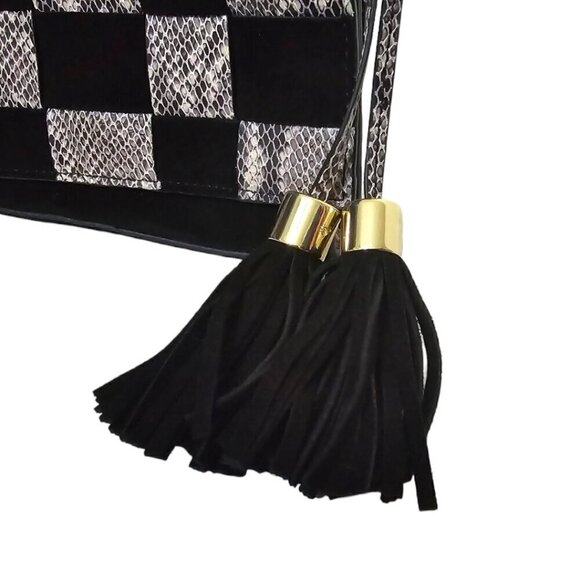 margot Black Suede Leather Snake Print Basket Weave Crossbody Purse - Picture 6 of 10